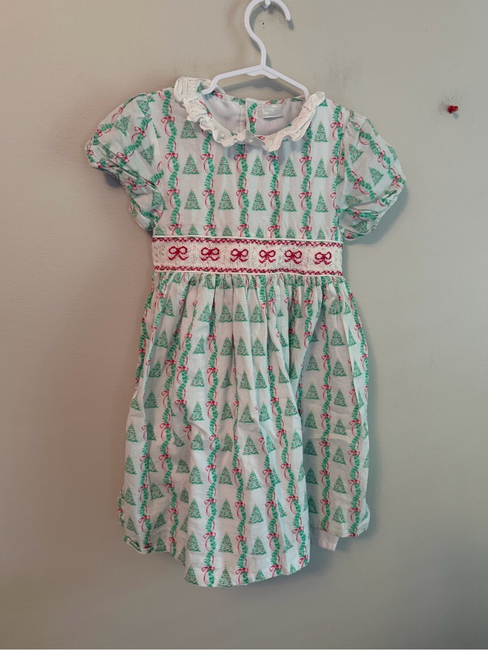 Edgehill Collection White Holiday Tree Print Smocked Dress